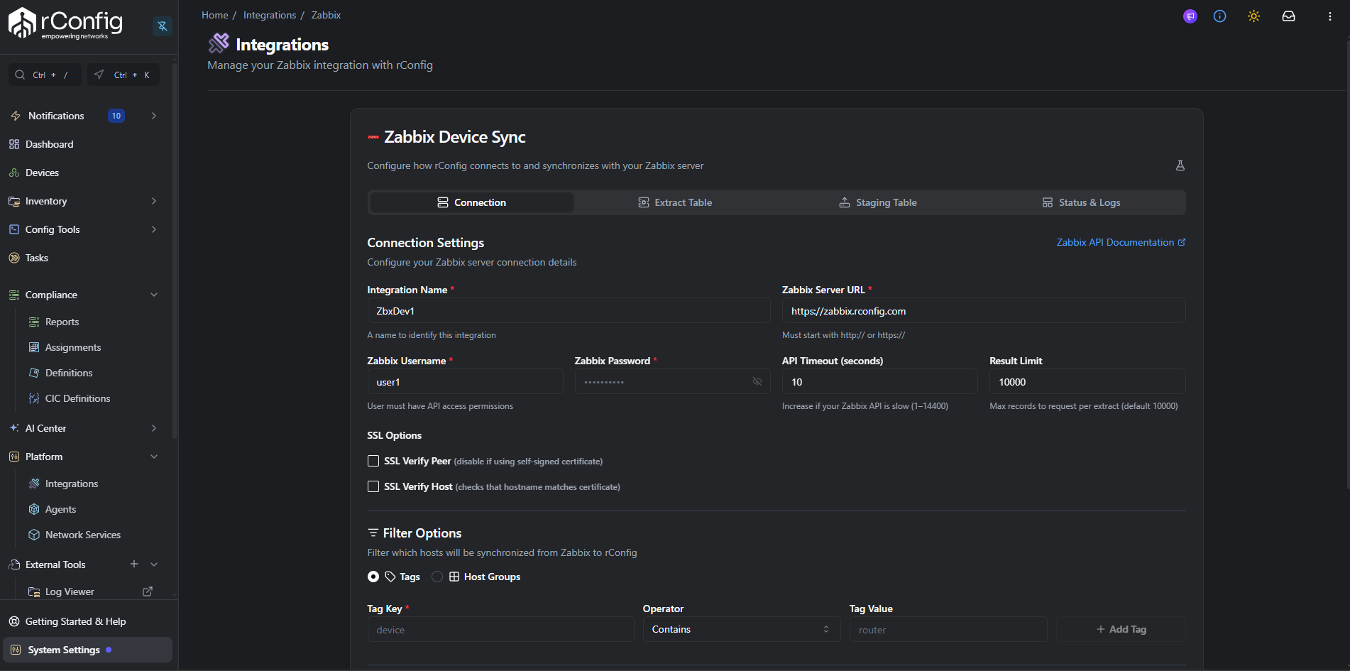 Zabbix integration connection form with Server URL, Username, Password, API Timeout, Result Limit, and SSL Options fields