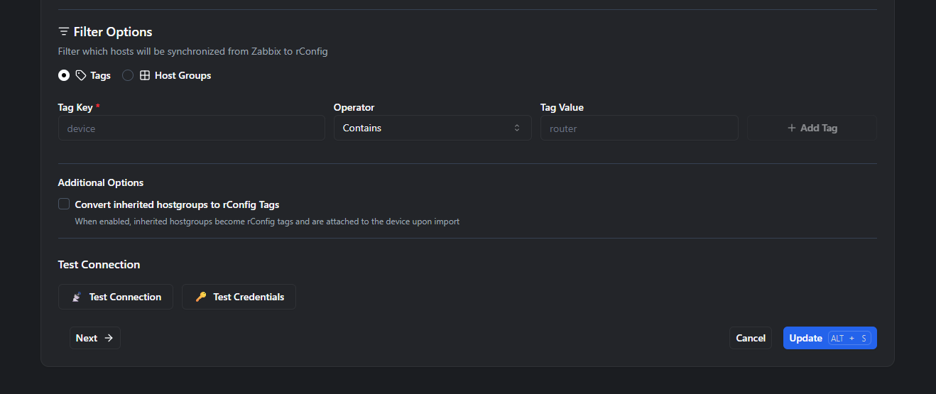 Zabbix integration Filter Options section with Tags/Host Groups toggle, Tag Key, Operator, and Tag Value fields, and the Test Connection and Test Credentials buttons
