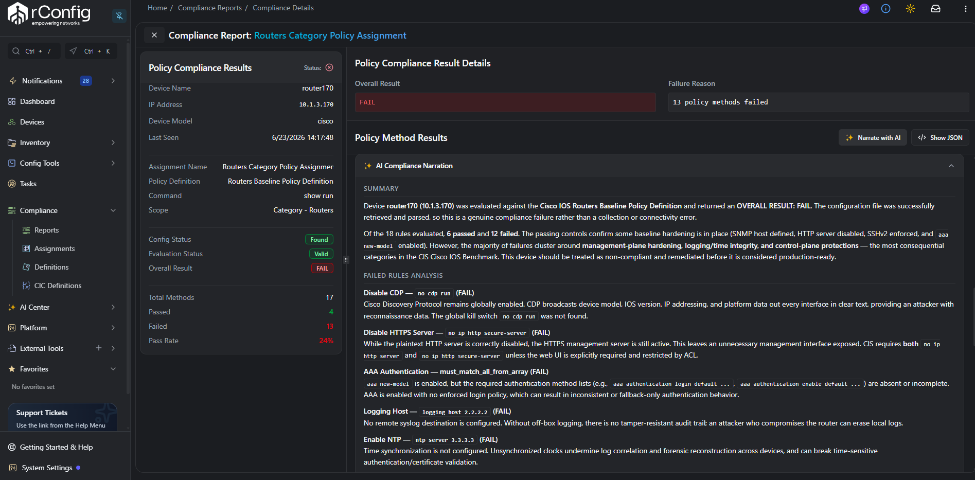 rConfig V8 policy compliance result detail panel with the Narrate with AI button, showing a completed AI Compliance Narration card explaining the pass or fail result