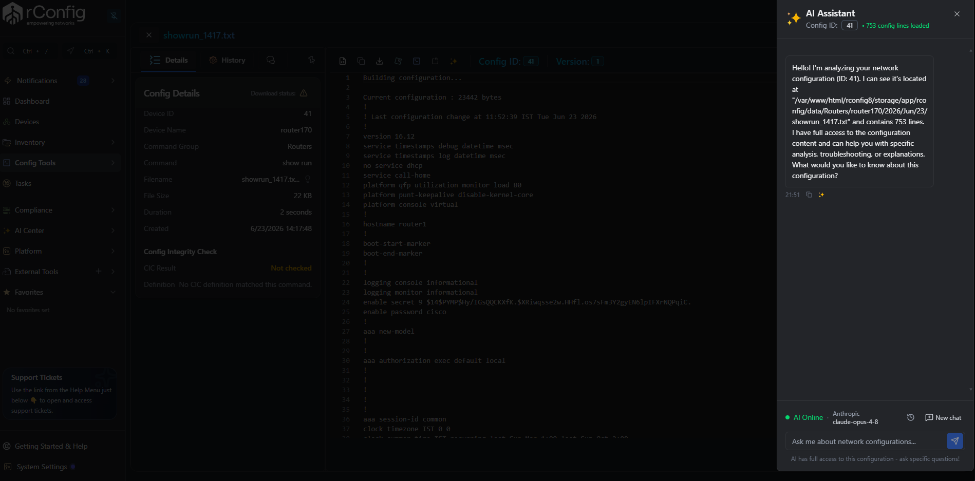 rConfig V8 config viewer toolbar with the Ask AI button highlighted, and the AI Assistant chat panel open on the right with the input placeholder Ask me about network configurations