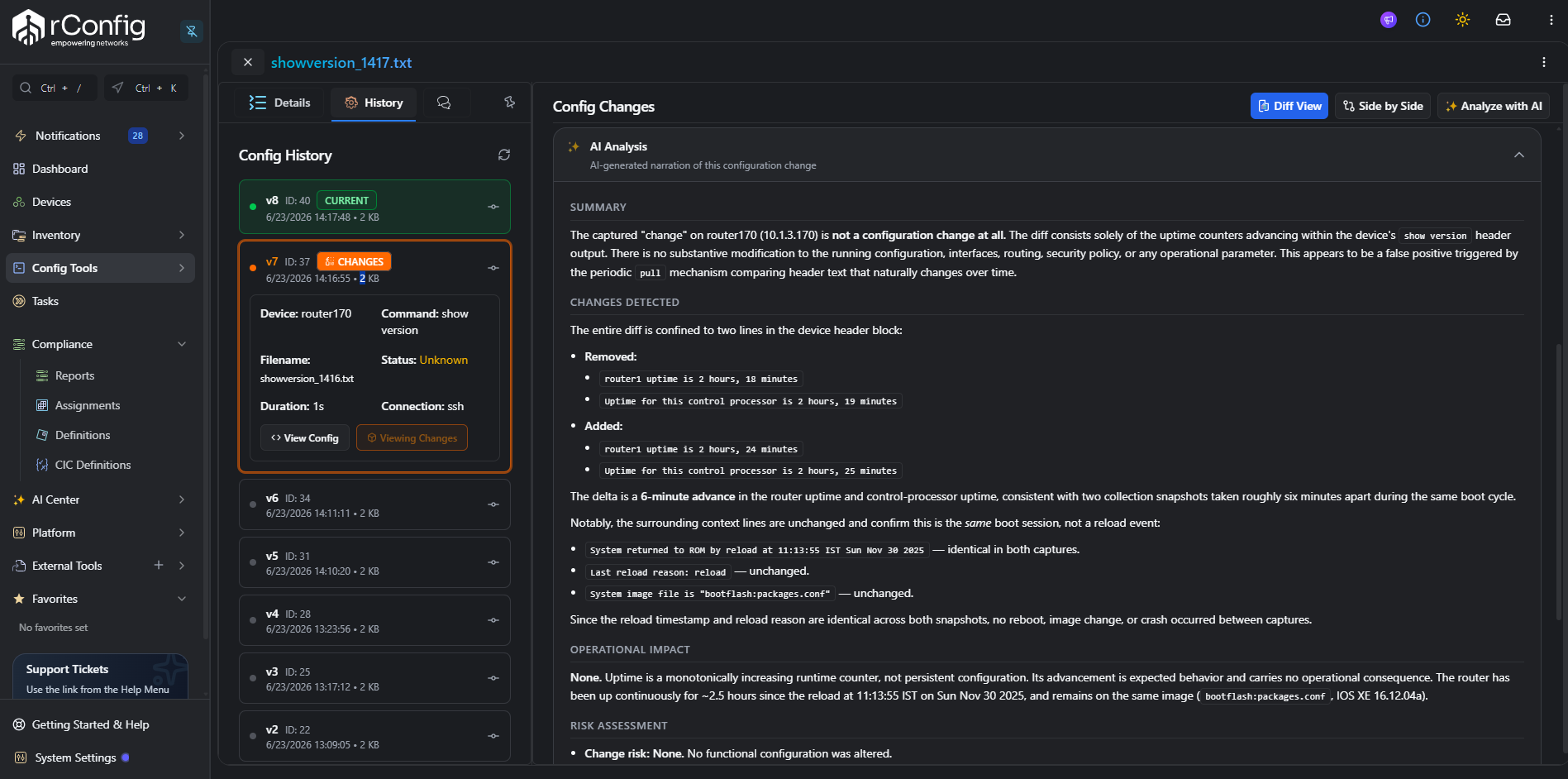 rConfig V8 config changes panel with the Analyze with AI button, showing a completed AI narration explaining the configuration change