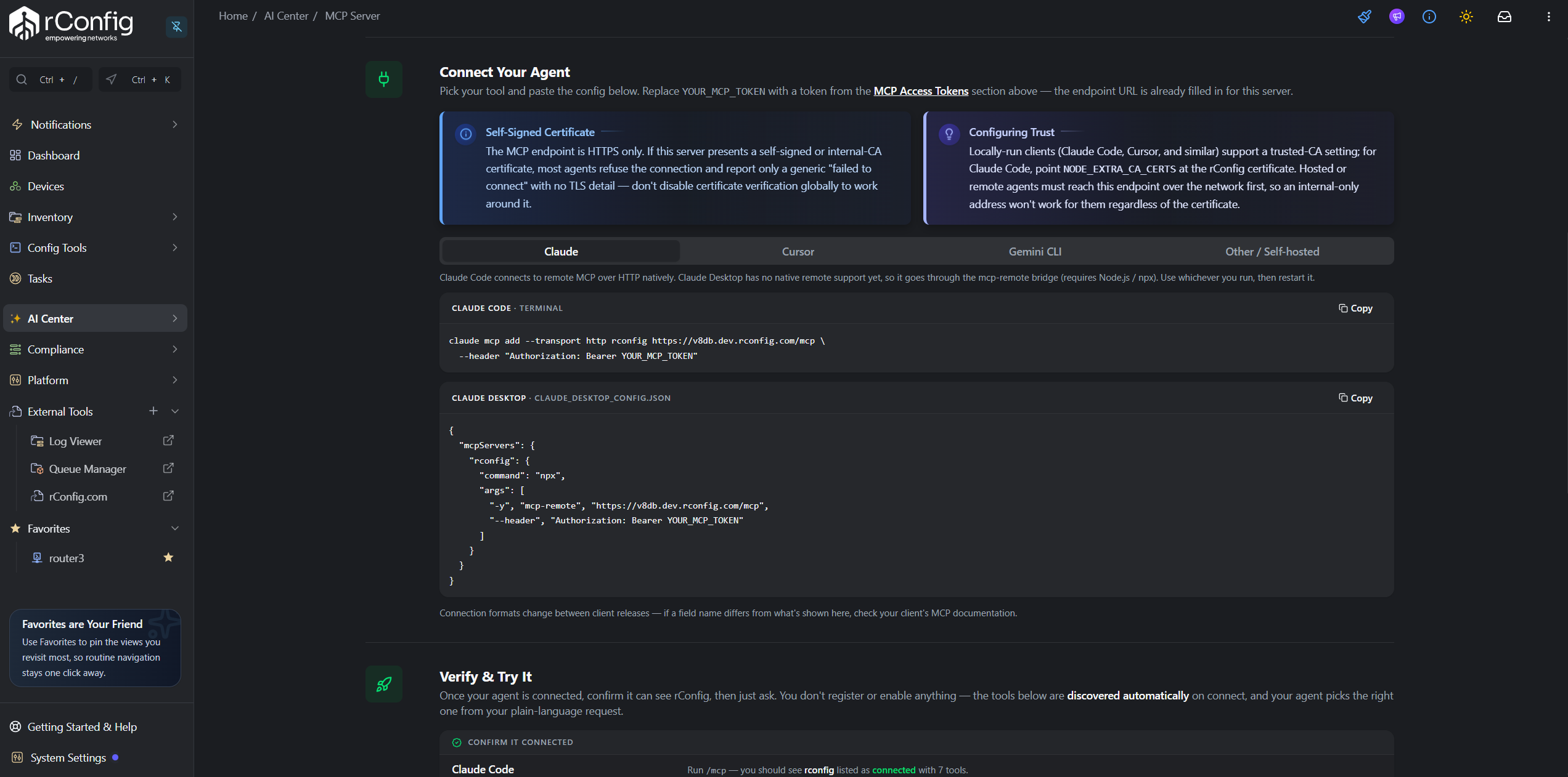 rConfig V8 MCP Server tab Connect Your Agent section with per-client tabs for Claude, Cursor, Gemini CLI, and Other / Self-hosted, showing the Claude Code and Claude Desktop connection snippets