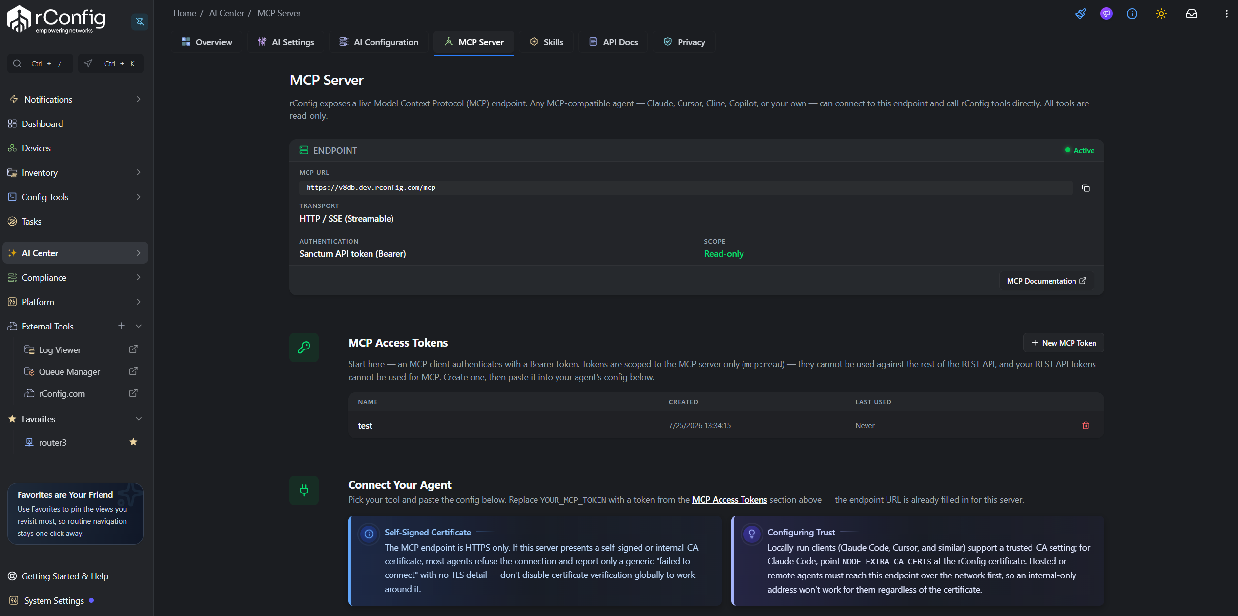 rConfig V8 MCP Server tab showing the live endpoint URL with a copy button, the transport, authentication, and scope details, and the MCP Access Tokens section below with an existing token