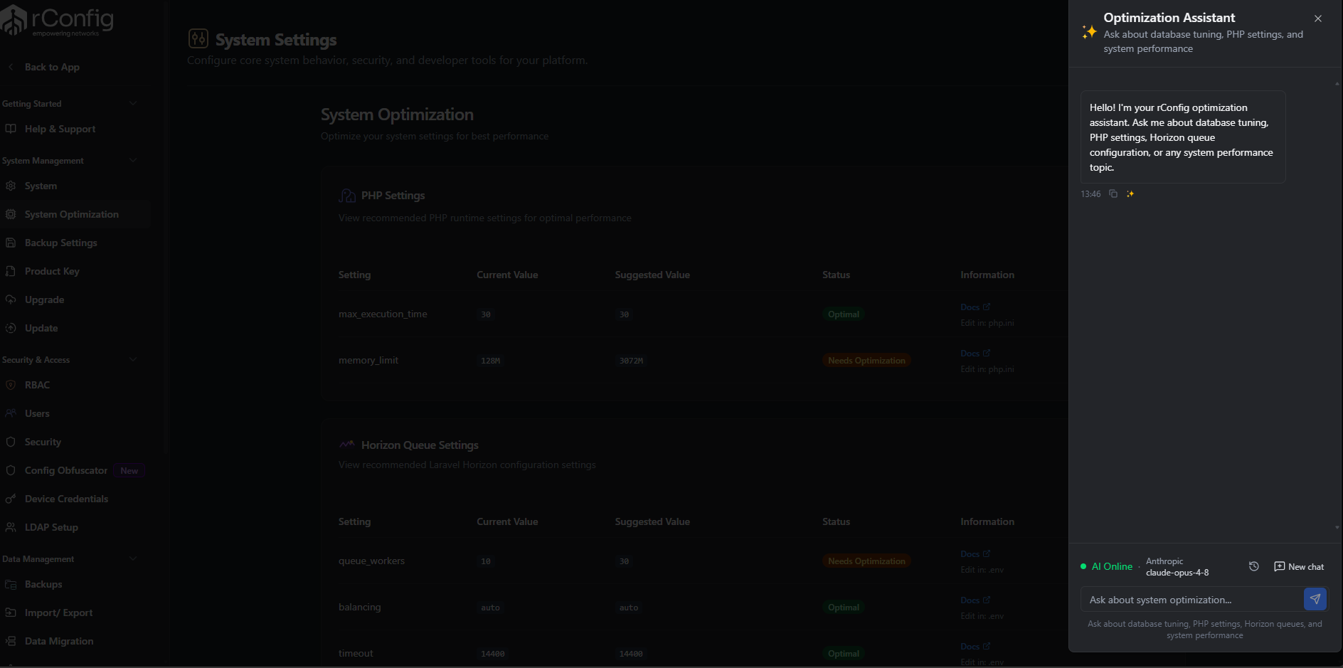 rConfig V8 System Optimization settings page with the Optimization Assistant chat panel open, showing the input placeholder Ask about system optimization
