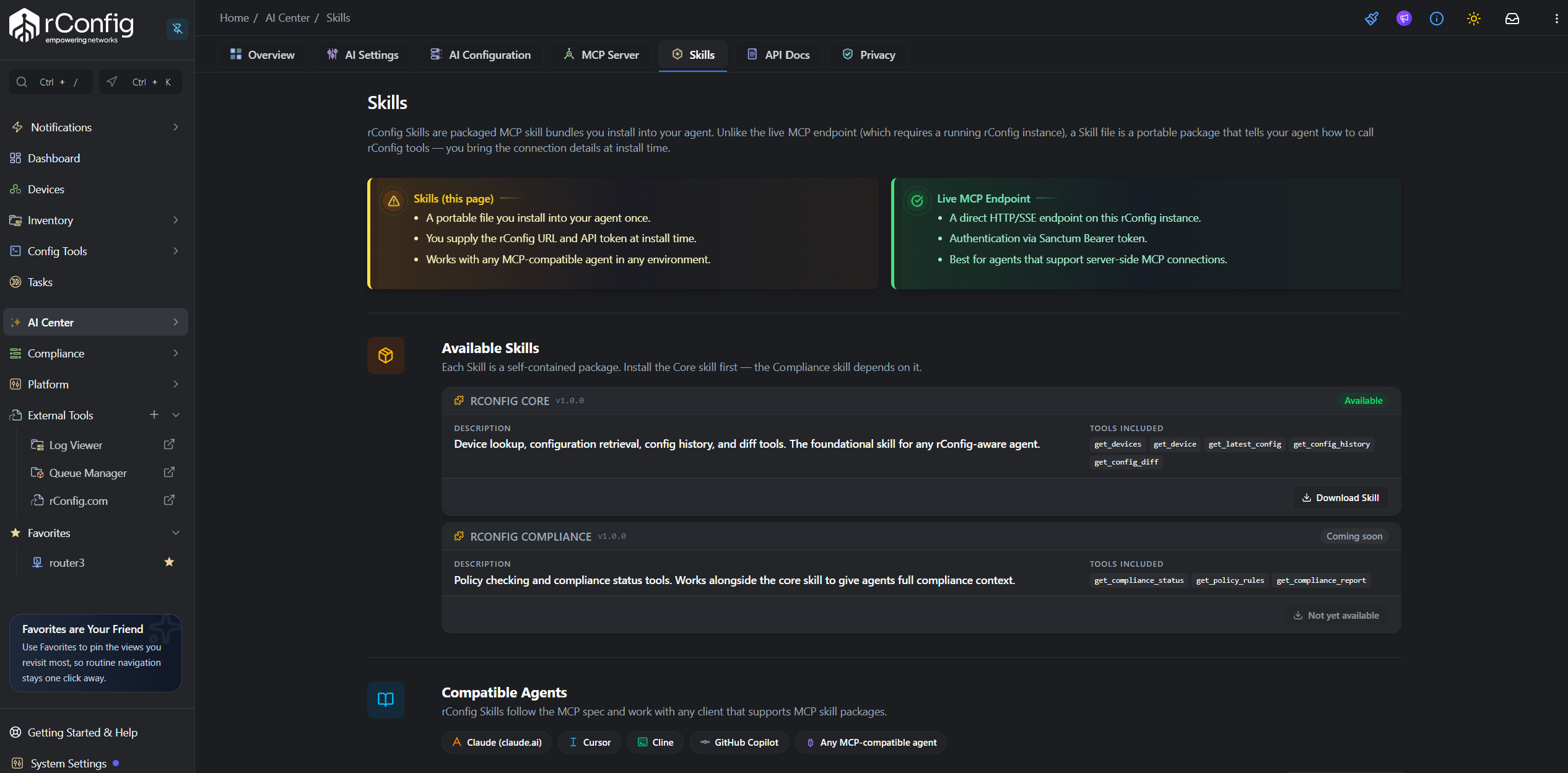 rConfig V8 Skills tab showing the rConfig Core skill available for download and the rConfig Compliance skill marked Coming soon, with compatible agent chips for Claude, Cursor, Cline, and GitHub Copilot