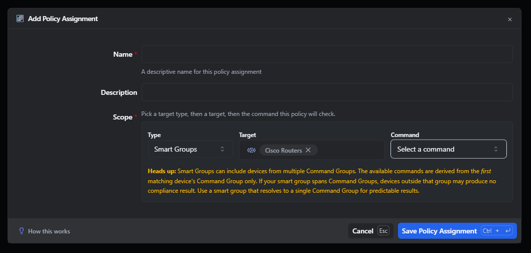 Add Policy Assignment dialog with Type set to Smart Groups and the amber heads-up note visible below the picker