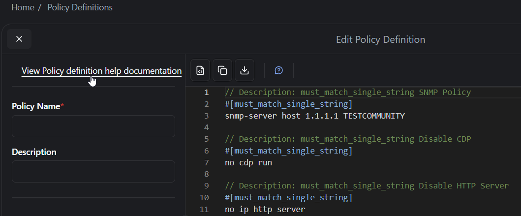 rConfig V8 Pro policy definition help dialog displaying all 15 validation methods with syntax examples, wildcards, and best practices for network configuration compliance