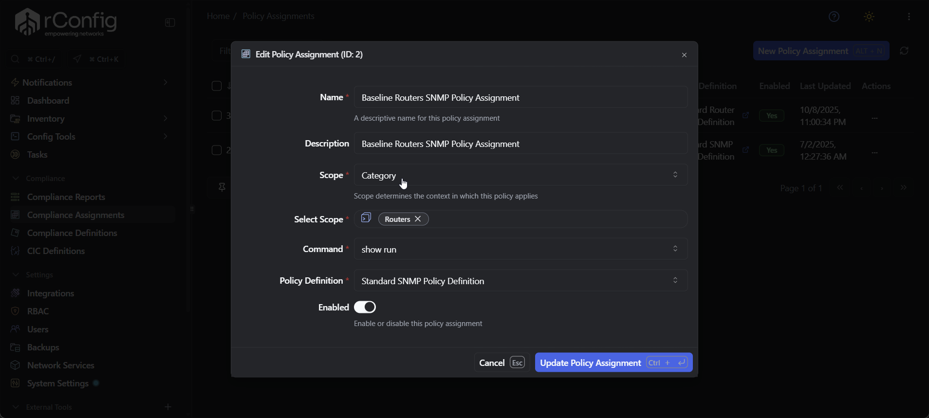 rConfig V8 Pro assignment scope selection interface with device, category, tag, and Smart Groups options