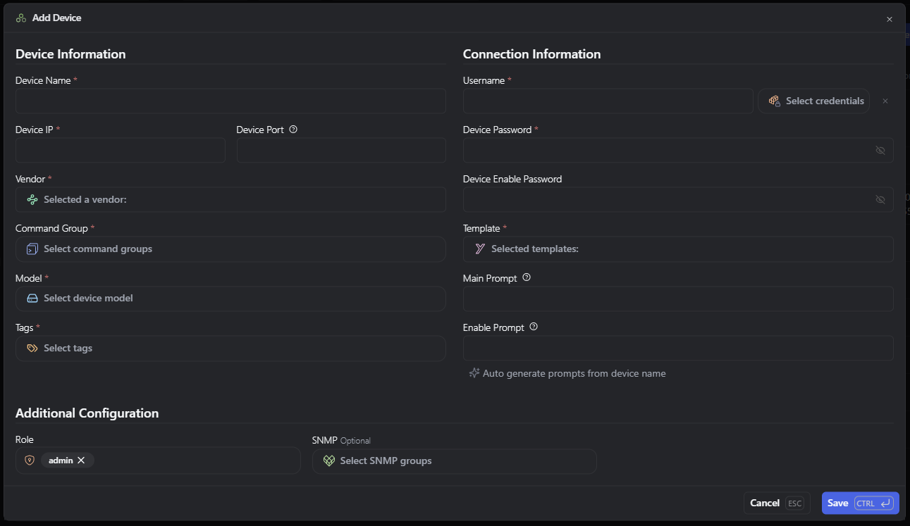 Complete device configuration form showing all required and optional fields for device addition