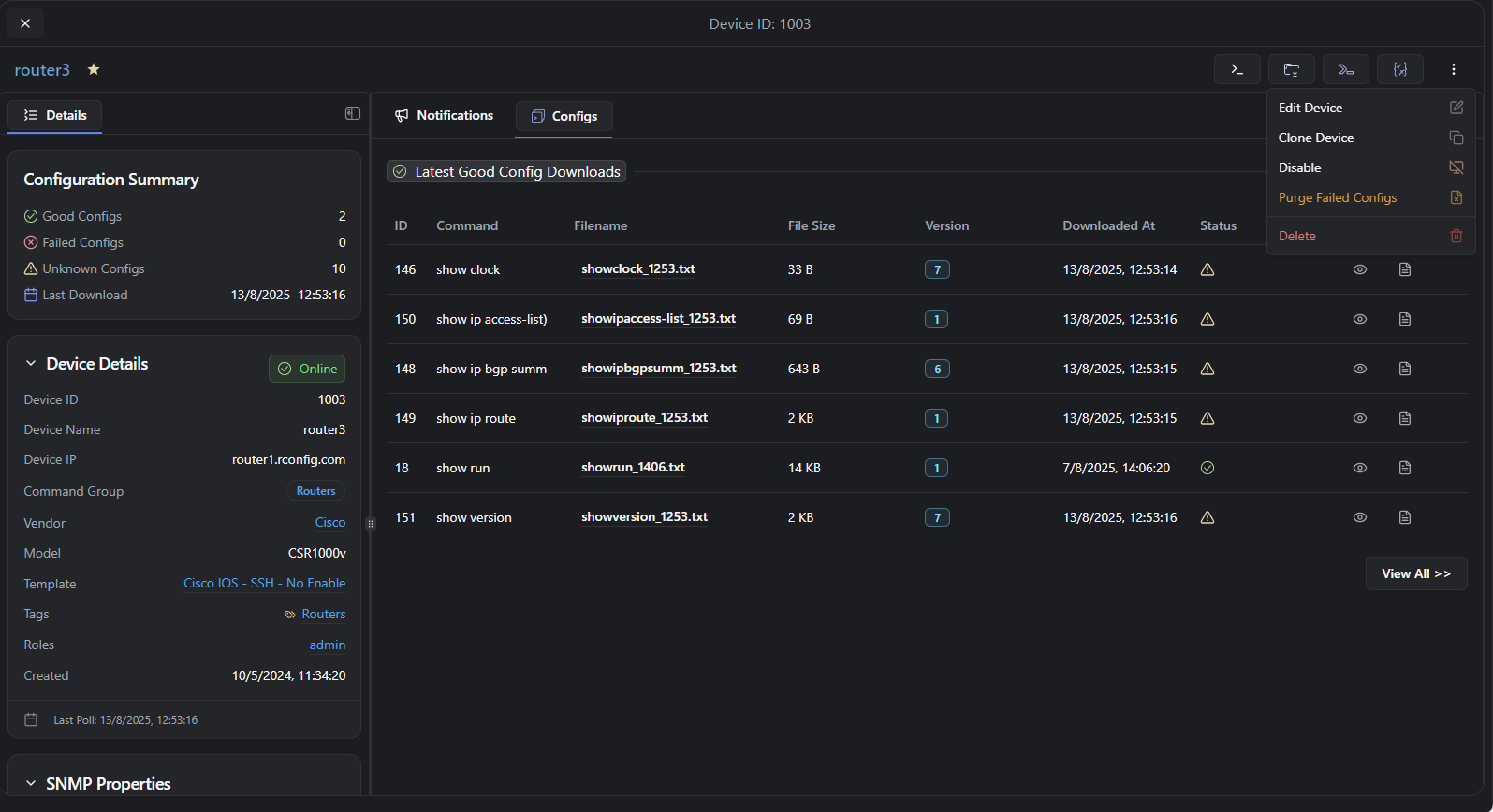 Device main view displaying configuration history, download controls, activity logs, and management functions