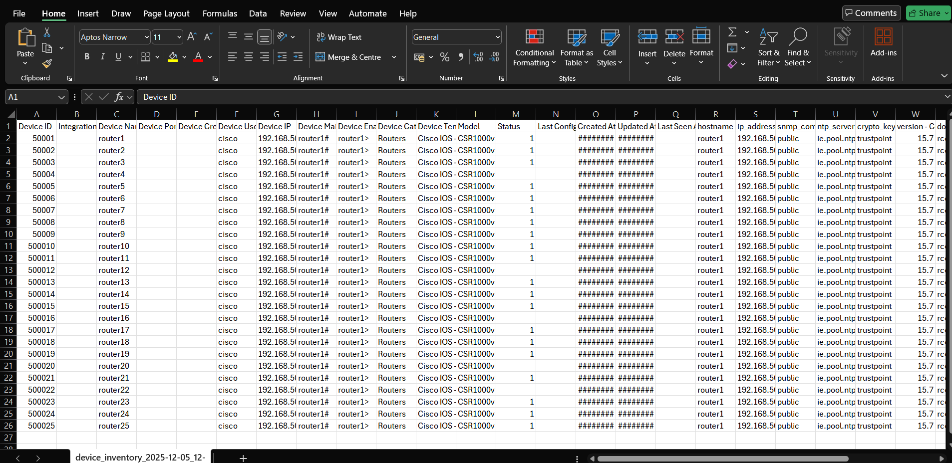 rConfig V8 network device inventory report generation interface showing export options and device filtering
