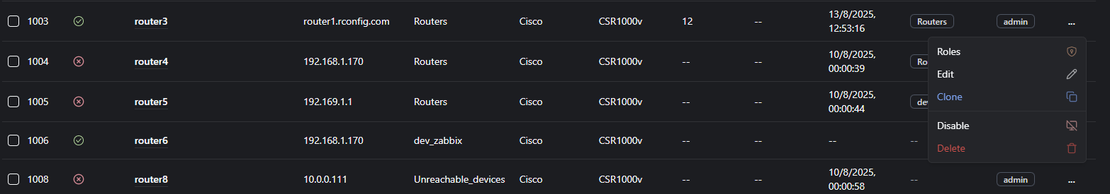 Device action menu showing management options including roles, edit, clone, disable, and delete