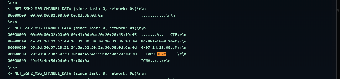 Live debug console for a TL1 device with a highlighted M 9 DENY IIAC row and a matching DENY entry in the Analysis panel