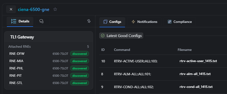 TL1 Gateway panel on a GNE device view listing the RNEs discovered behind it with their discovery state