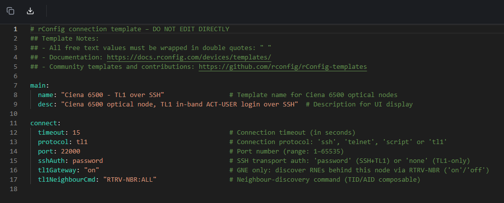 Connection template editor showing the tl1 protocol with the sshAuth, tl1Gateway, and tl1NeighbourCmd fields