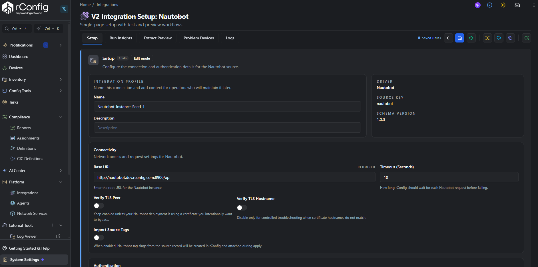 V2 driver setup form rendered from the schema, showing connection, credential, and filter fields