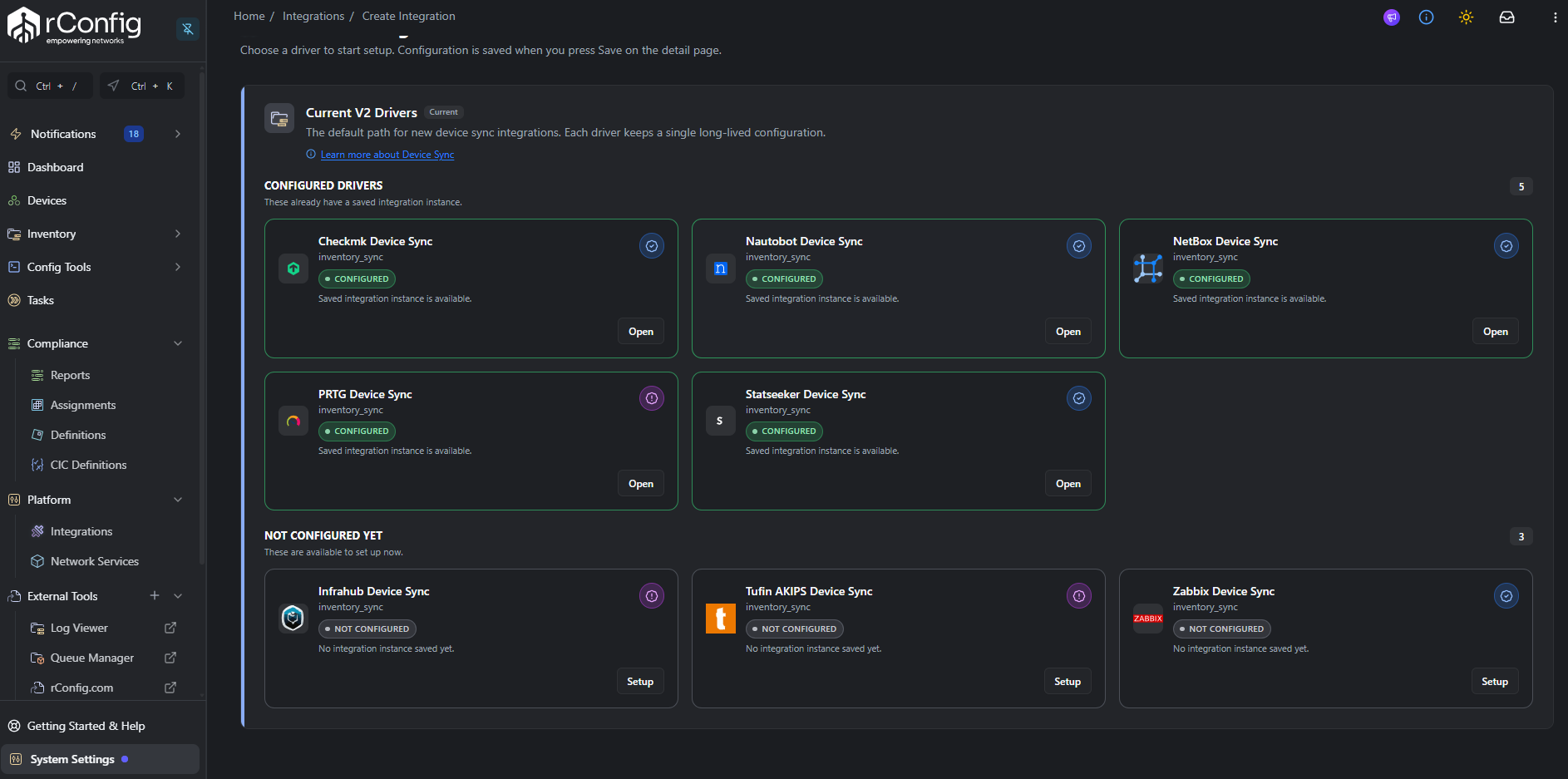 V2 driver picker (Platform → Integrations → Device Sync → Add Driver) with NetBox highlighted