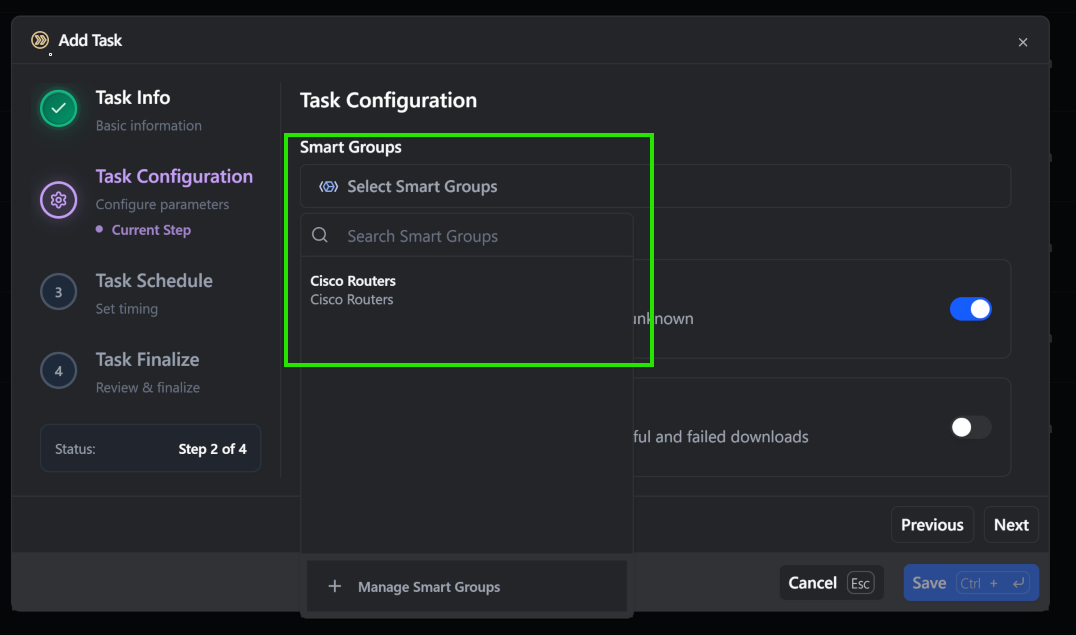 Task wizard Step 3 with the Smart Group picker active for the rconfig:download-devicegroup task type