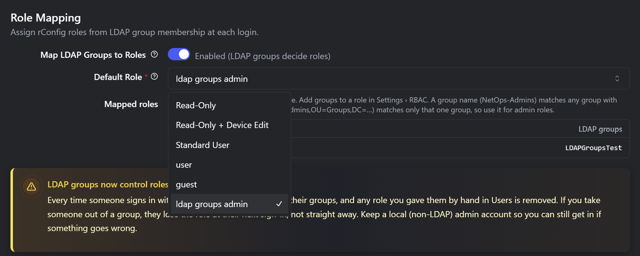 rConfig LDAP Setup page, Role Mapping section with Map LDAP Groups to Roles switched on, Read-Only selected as the Default Role, the Mapped roles table listing Admin and Net Ops with their LDAP groups, and the LDAP groups now control roles warning