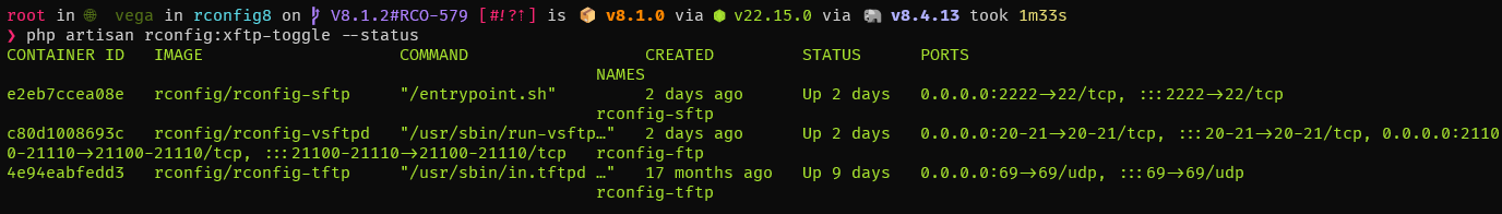 rConfig V8 FTP service running confirmation showing active status on port 21
