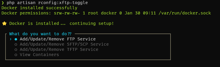 rConfig V8 xFTP setup wizard TFTP service selection interface for legacy device support